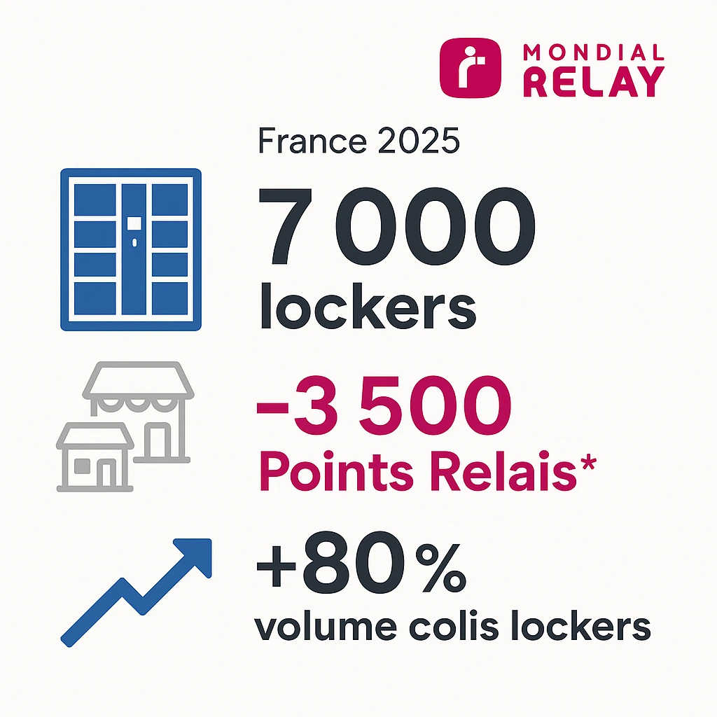 Infographie : transformation du réseau Mondial Relay en 2025 — 7 000 lockers installés, 3 500 Points Relais supprimés et +80 % de volume de colis via casiers automatiques.