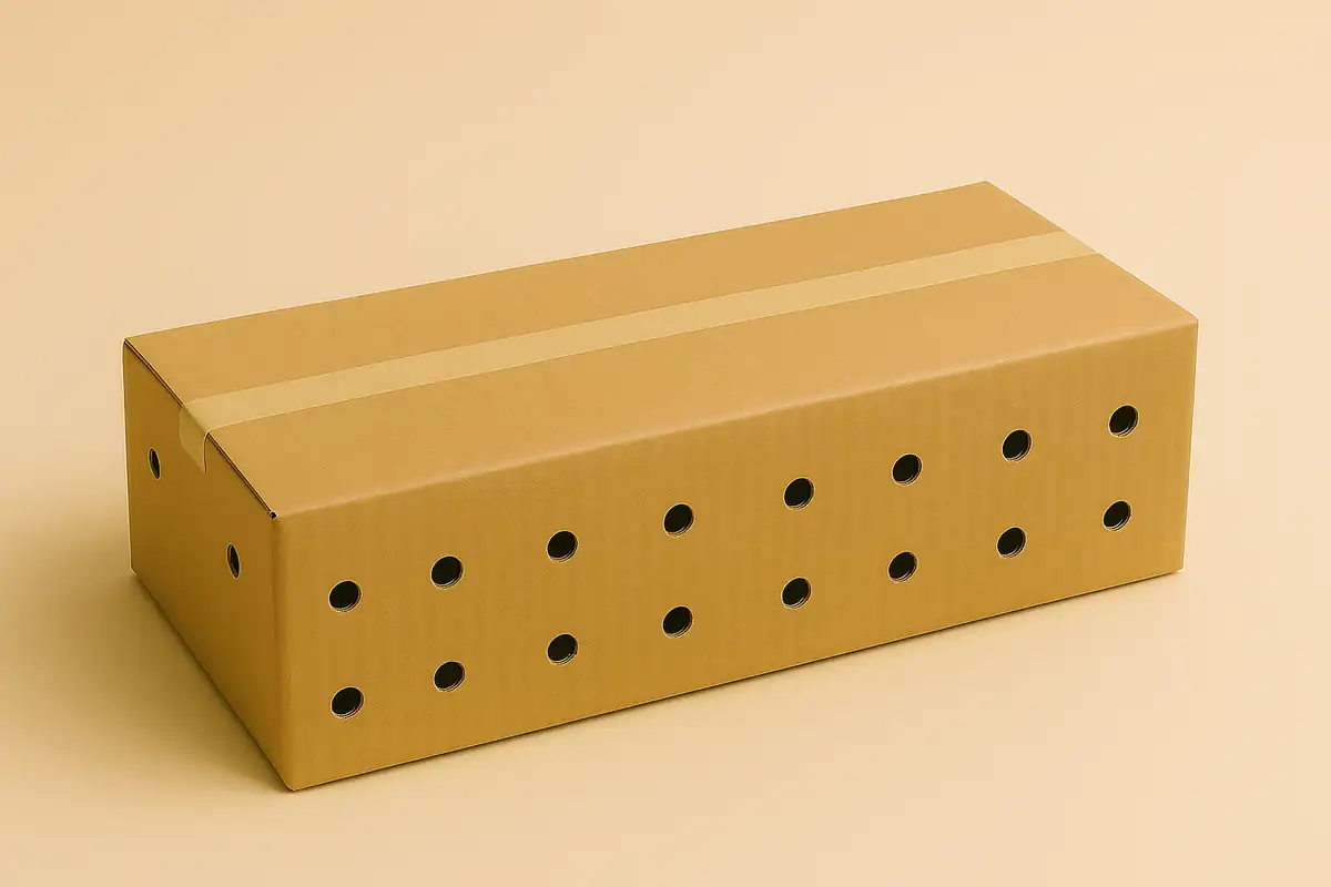 Boîte en carton rigide et longue, fermée avec du ruban adhésif beige, présentant de nombreux petits trous de ventilation sur les côtés pour permettre à une plante vivante de respirer pendant l’expédition