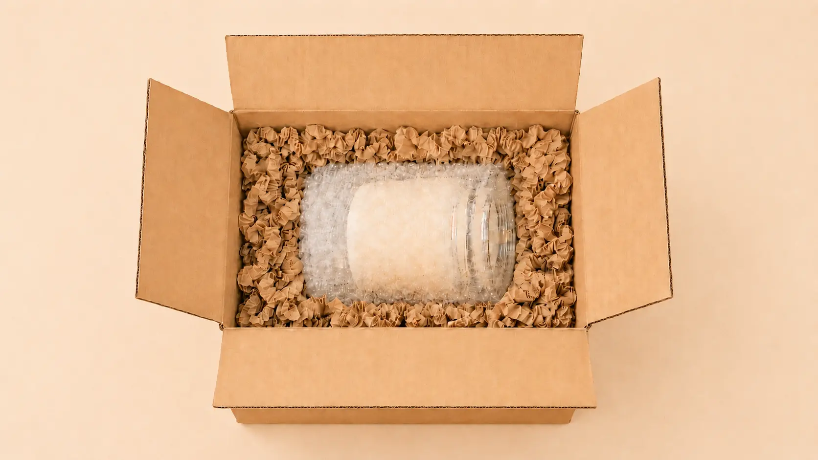 Carton de bonne taille pour expédier une bougie en verre, avec papier bulle et calage kraft tout autour.