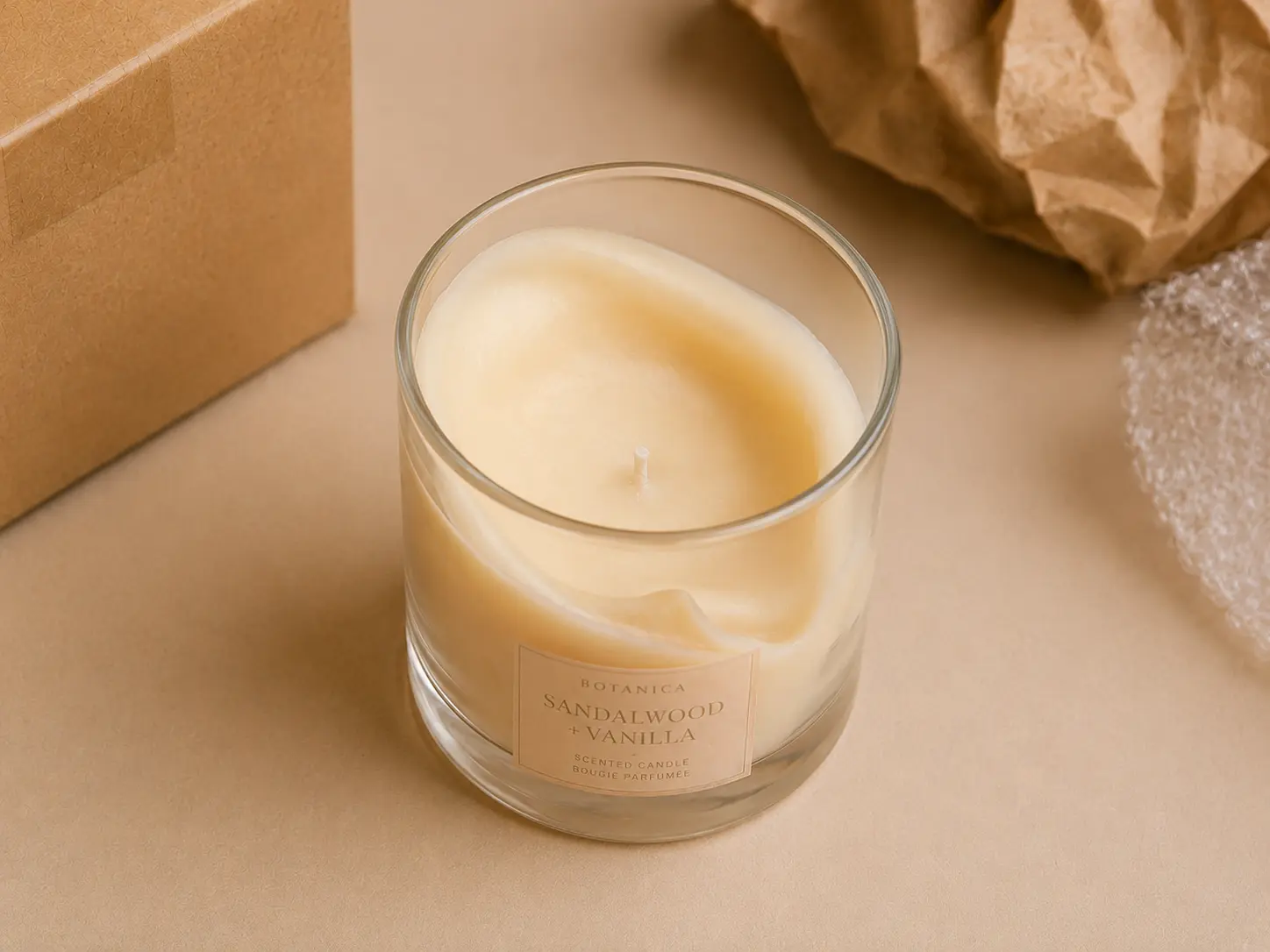 Bougie parfumée en pot de verre avec cire déformée par la chaleur, près d’un carton et de matériaux d’emballage.