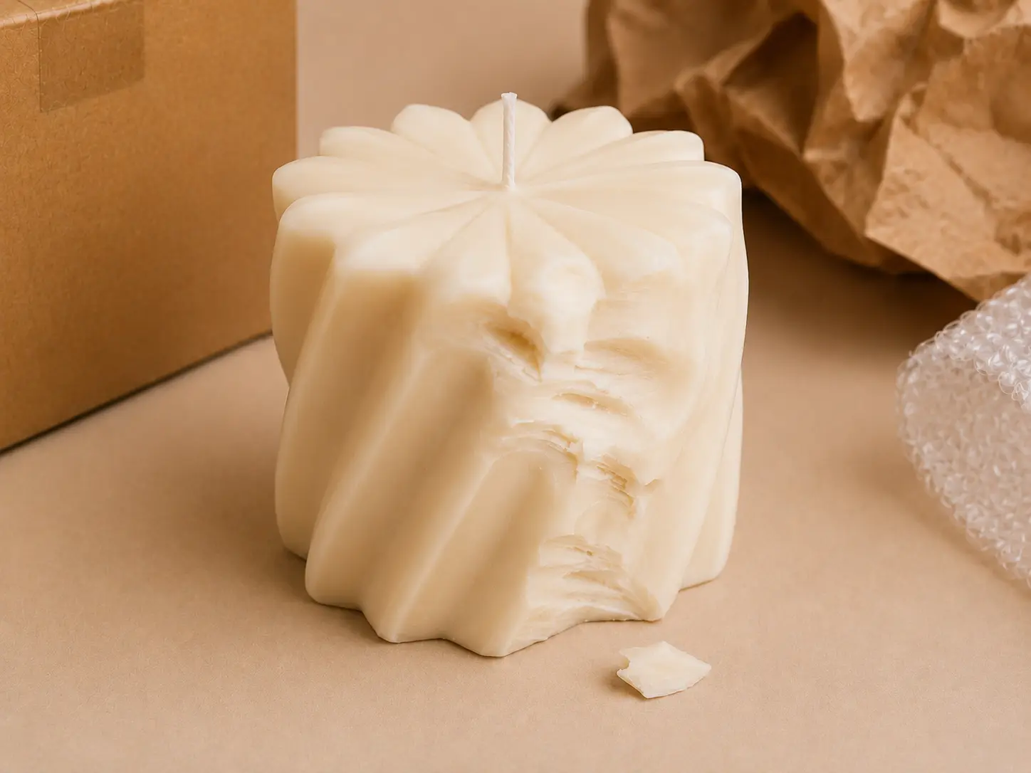 Bougie sculptée en cire blanche avec relief abîmé par un choc ou une pression pendant l’emballage.
