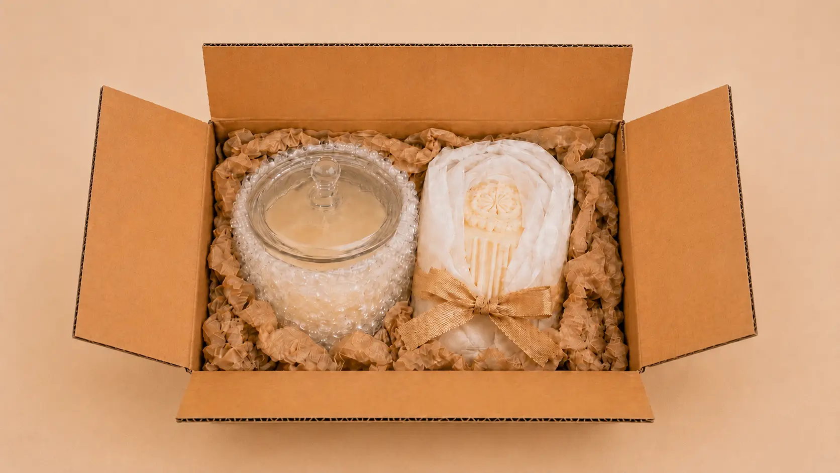 Carton trop petit pour expédier deux bougies, avec une bougie en verre et une bougie sculptée serrées dans le colis.