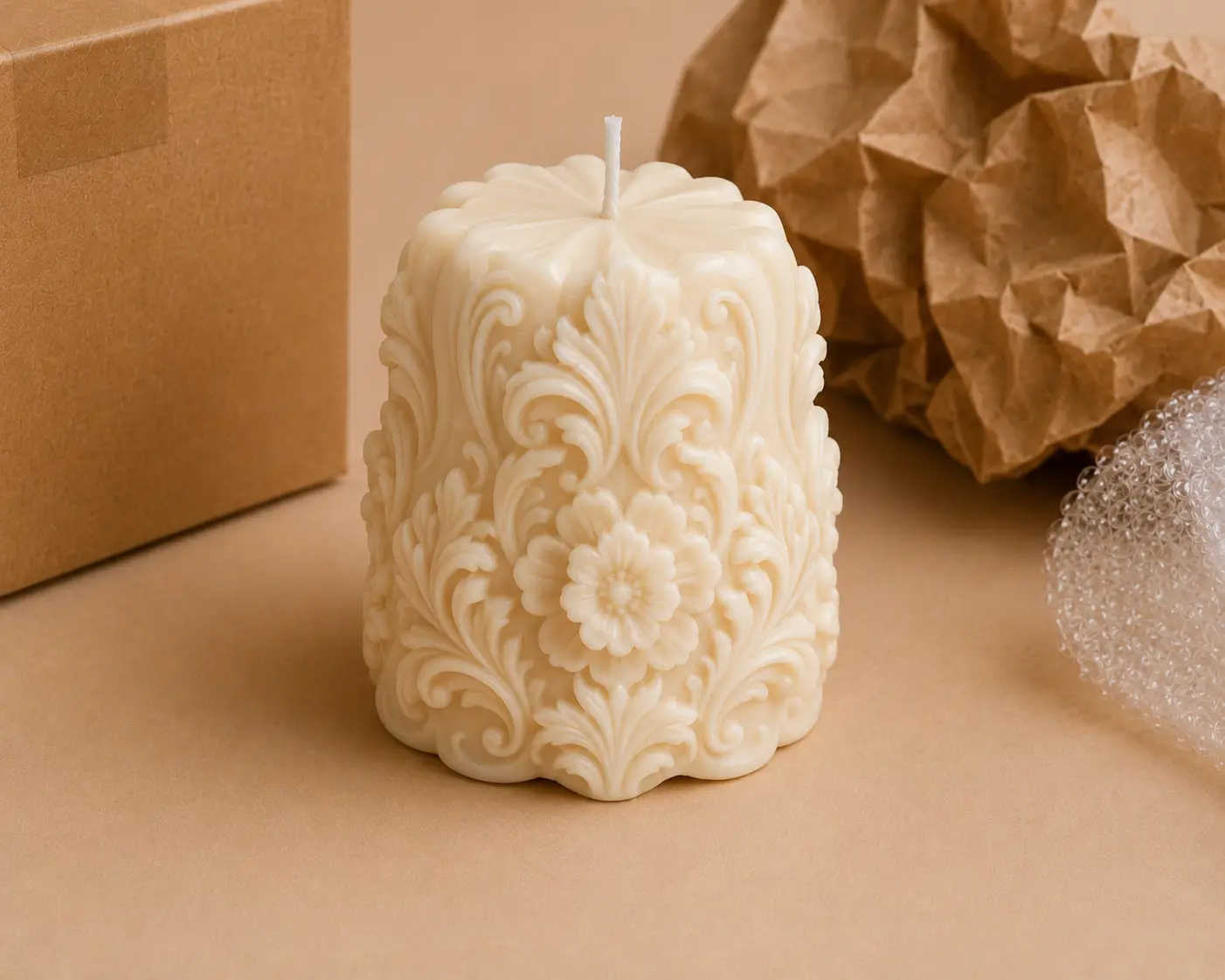 Bougie moulée en cire blanche avec reliefs décoratifs, exemple de format sensible à la pression avant expédition.
