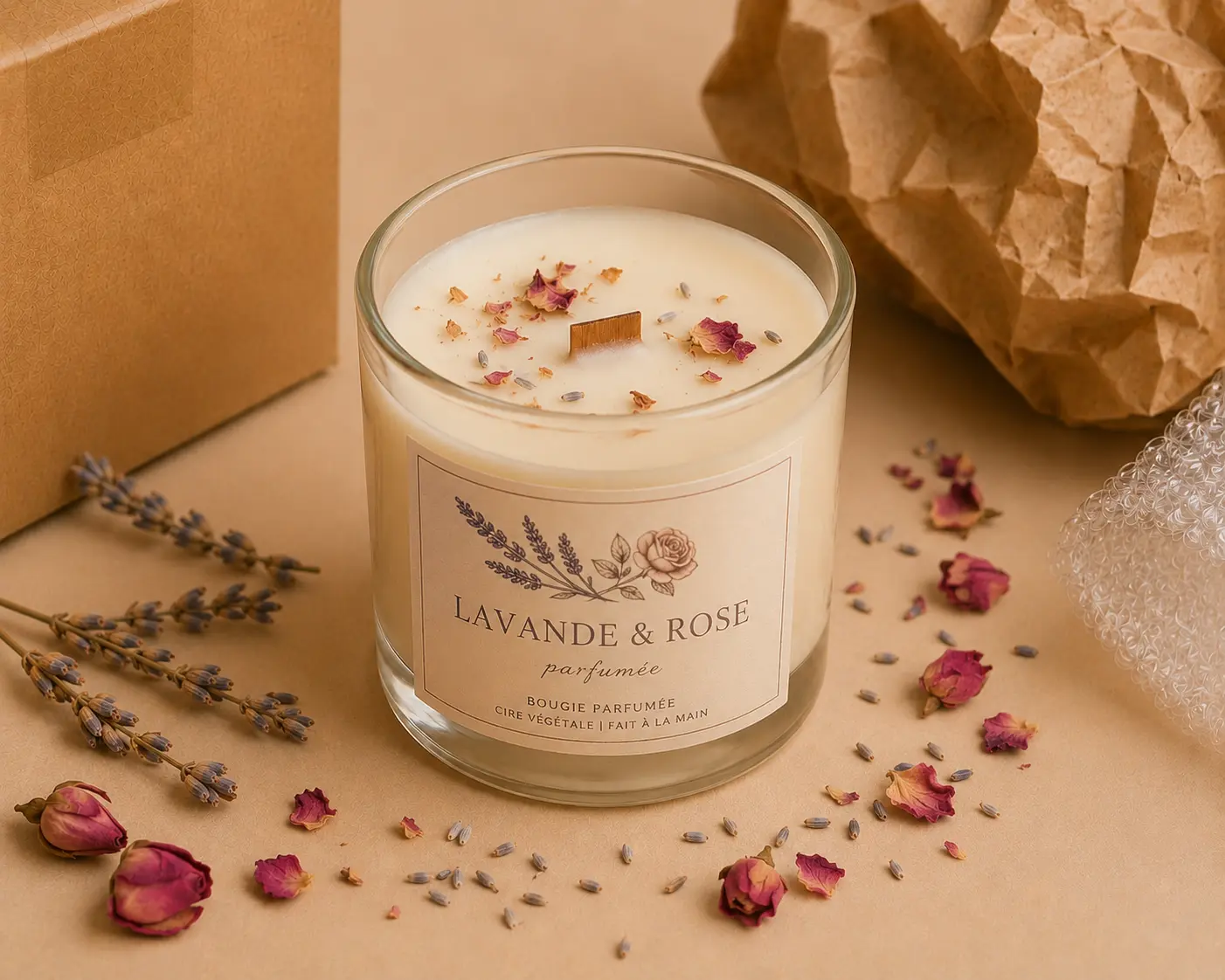 Bougie parfumée lavande et rose en pot de verre, avec fleurs séchées, exemple de bougie sensible avant expédition.