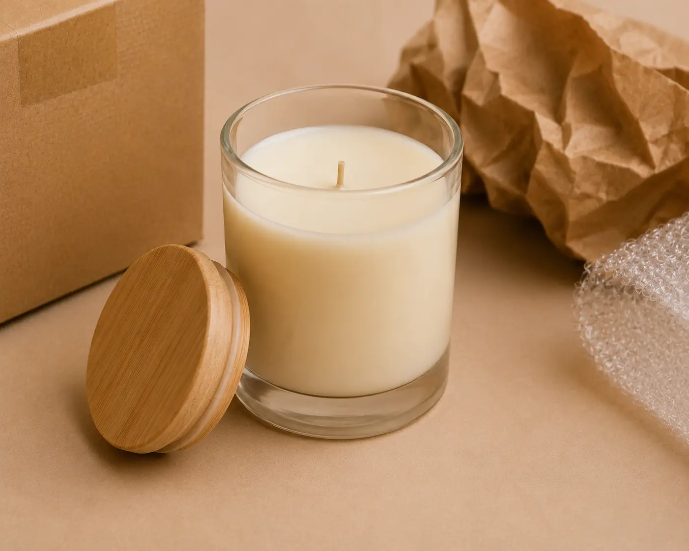 Bougie en pot de verre avec couvercle en bois, exemple de format à risque avant expédition par colis.