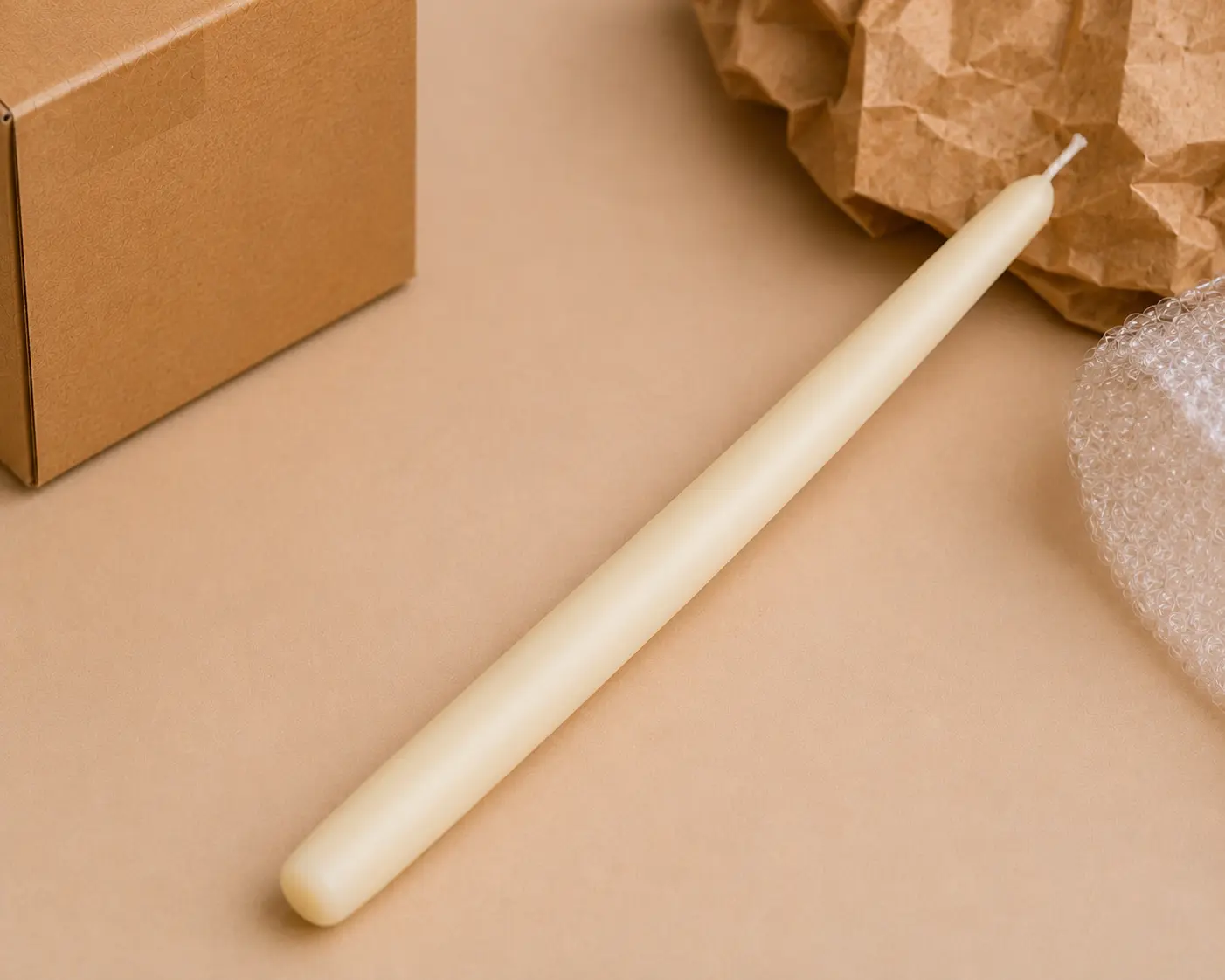 Chandelle longue en cire blanche, exemple de bougie sensible à la torsion et à la casse avant expédition.