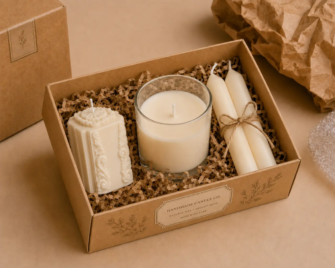 Coffret cadeau de bougies avec bougie en pot de verre, bougie sculptée et chandelles posées dans une frisure kraft.