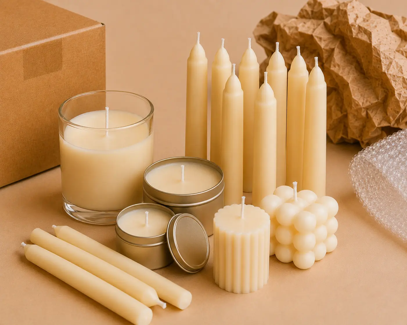 Lot de bougies de différents formats avant expédition, avec pots en verre, boîtes métalliques, chandelles et bougies moulées.