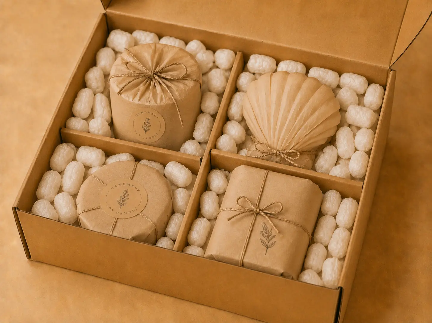 Lot de bougies bien emballé dans un carton avec séparations, compartiments individuels et calage de protection.