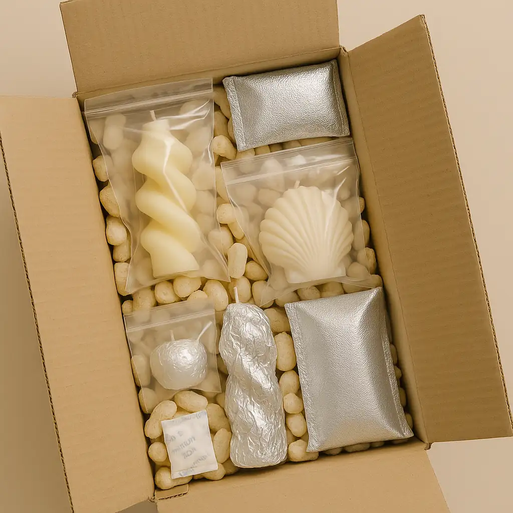 Boîte d’expédition ouverte contenant plusieurs bougies artisanales de formes variées (spirales, coquillages, bustes), emballées individuellement dans du papier aluminium ou des sachets isothermes. L’ensemble est sécurisé par des chips de calage en mousse et un sachet anti-humidité.