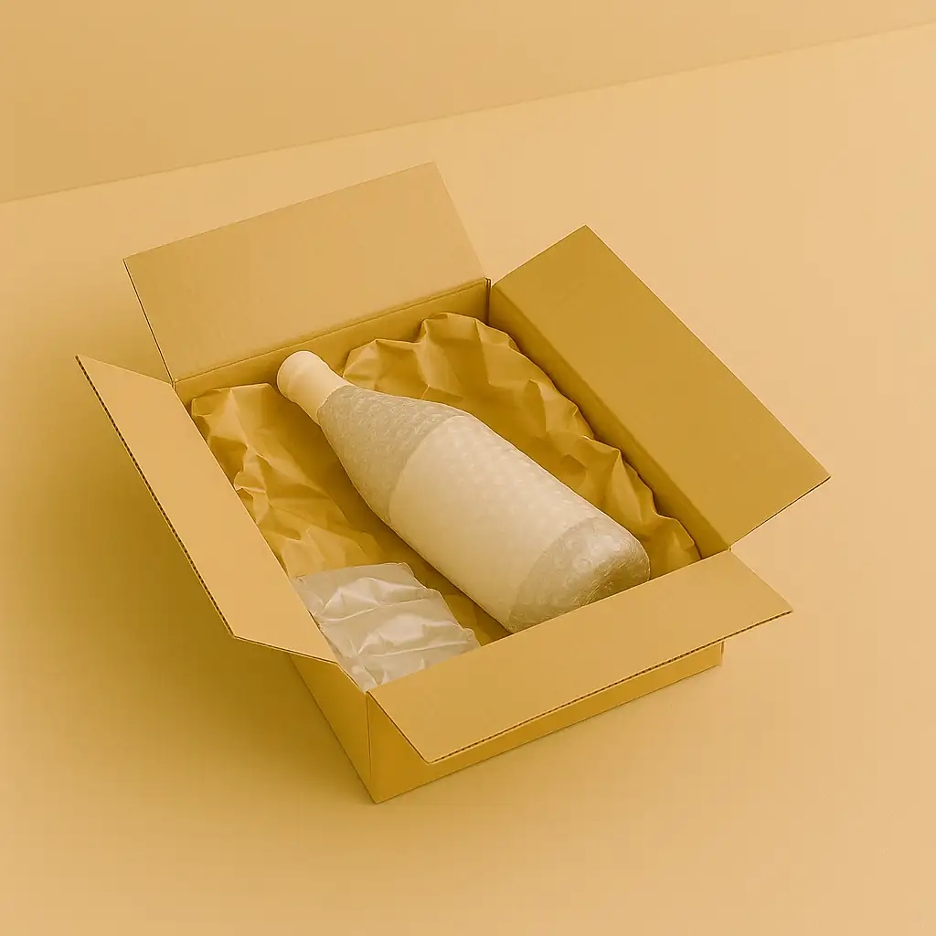 Bouteille en verre protégée par du papier bulle, placée en diagonale dans une boîte en    carton épais. Le goulot est fixé avec du ruban adhésif, et la bouteille est calée avec coussins d’air, papier kraft froissé et particules de calage