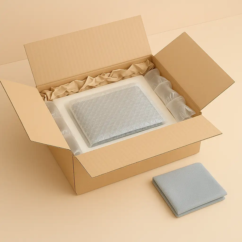 Ordinateur portable centré dans une boîte en carton rigide, calé avec de la mousse prédécoupée, des coussins d’air transparents et du papier froissé sur les bords