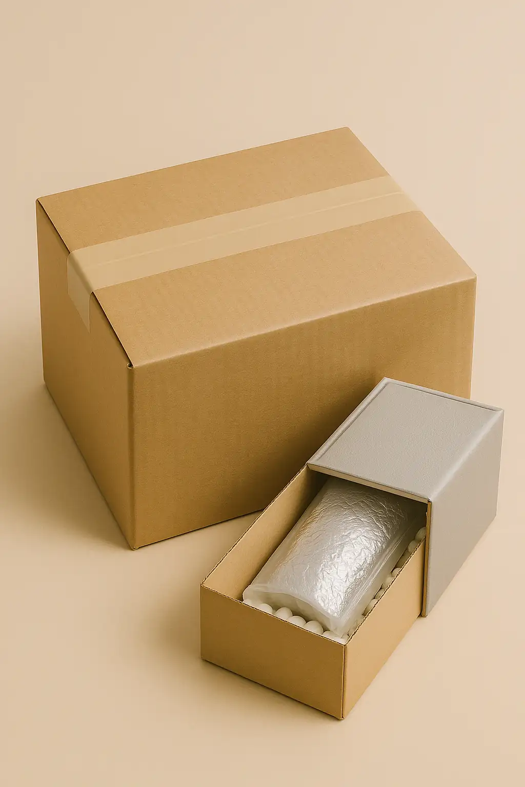Colis neutre en carton fermé avec ruban imperméable beige. Une boîte isotherme argentée est visible à l’intérieur, illustrant la méthode de double emballage pour protéger des bougies artisanales sensibles à la chaleur.