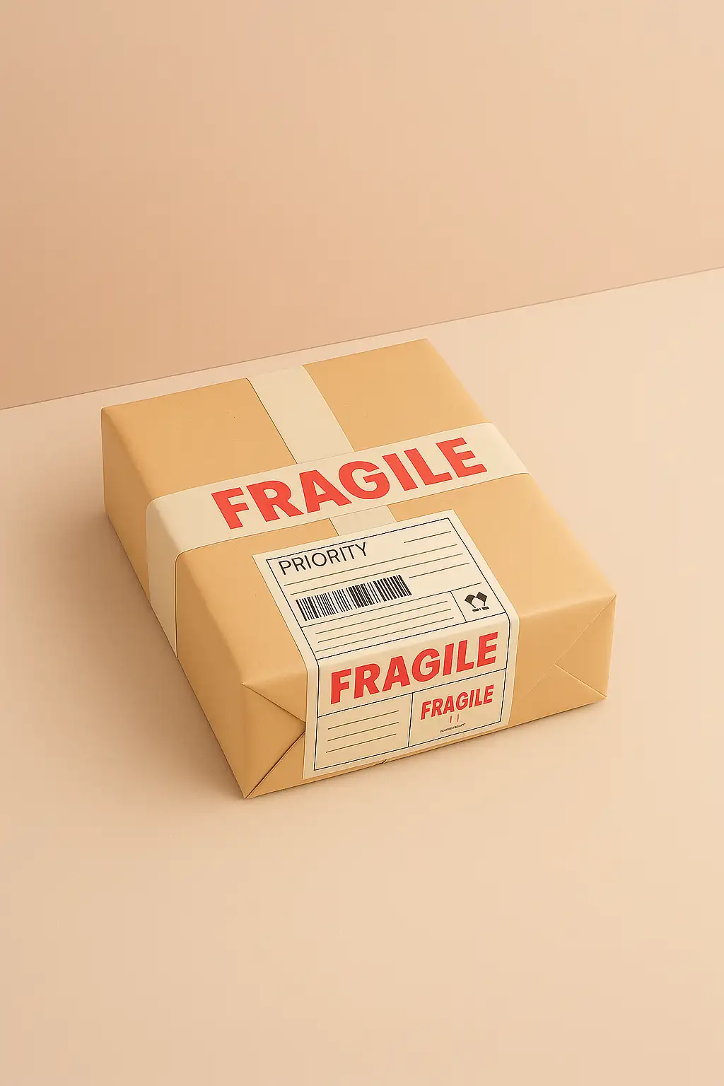 Boîte en carton fermée avec du scotch croisé et une étiquette Fragile rose pastel en haut à gauche. Étiquette d’expédition visible mais discrète