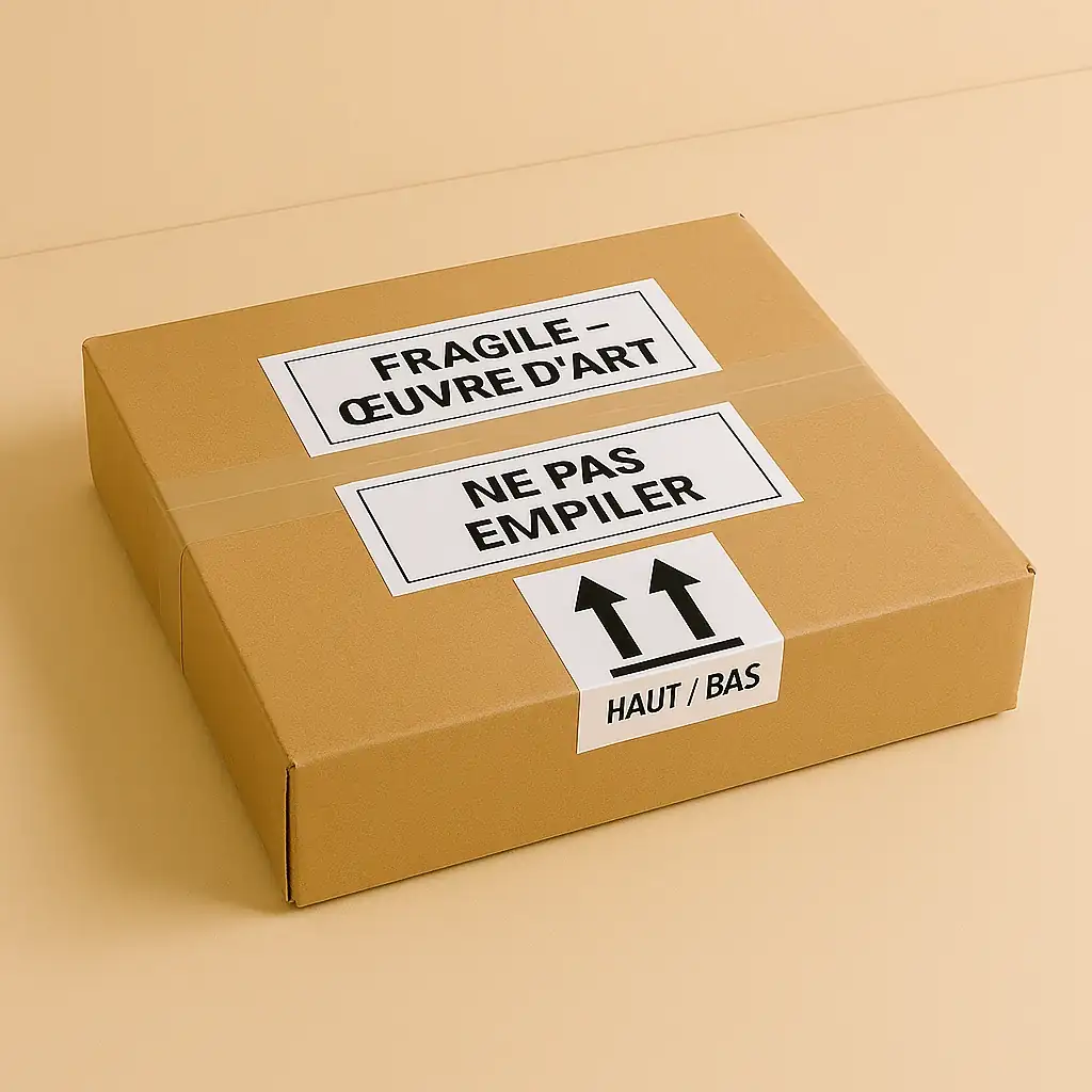Colis rectangulaire fermé avec ruban adhésif renforcé, portant les étiquettes FRAGILE – ŒUVRE D’ART, NE PAS EMPILER et des flèches indiquant le sens HAUT/BAS