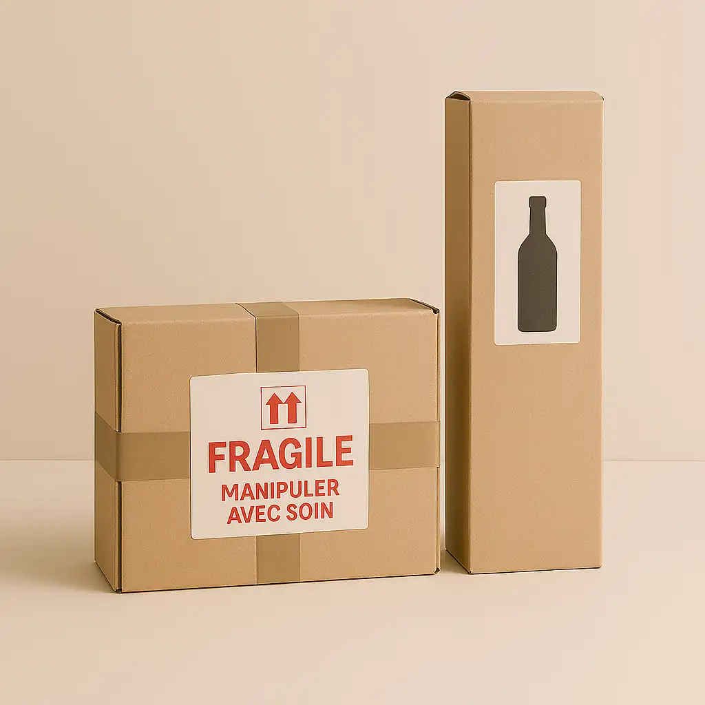 Deux colis prêts à l’envoi : une boîte plate avec étiquette FRAGILE – MANIPULER AVEC SOIN et une boîte verticale pour bouteille avec pictogramme en silhouette
