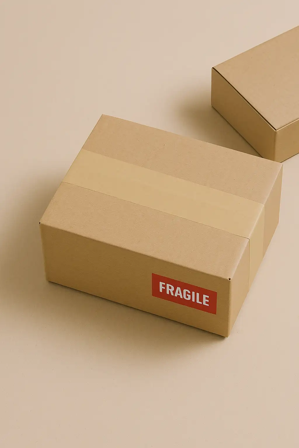 Boîte d’expédition neutre fermée avec un ruban adhésif imperméable et une étiquette FRAGILE, illustrant une méthode d’emballage discrète pour liquides et cosmétiques