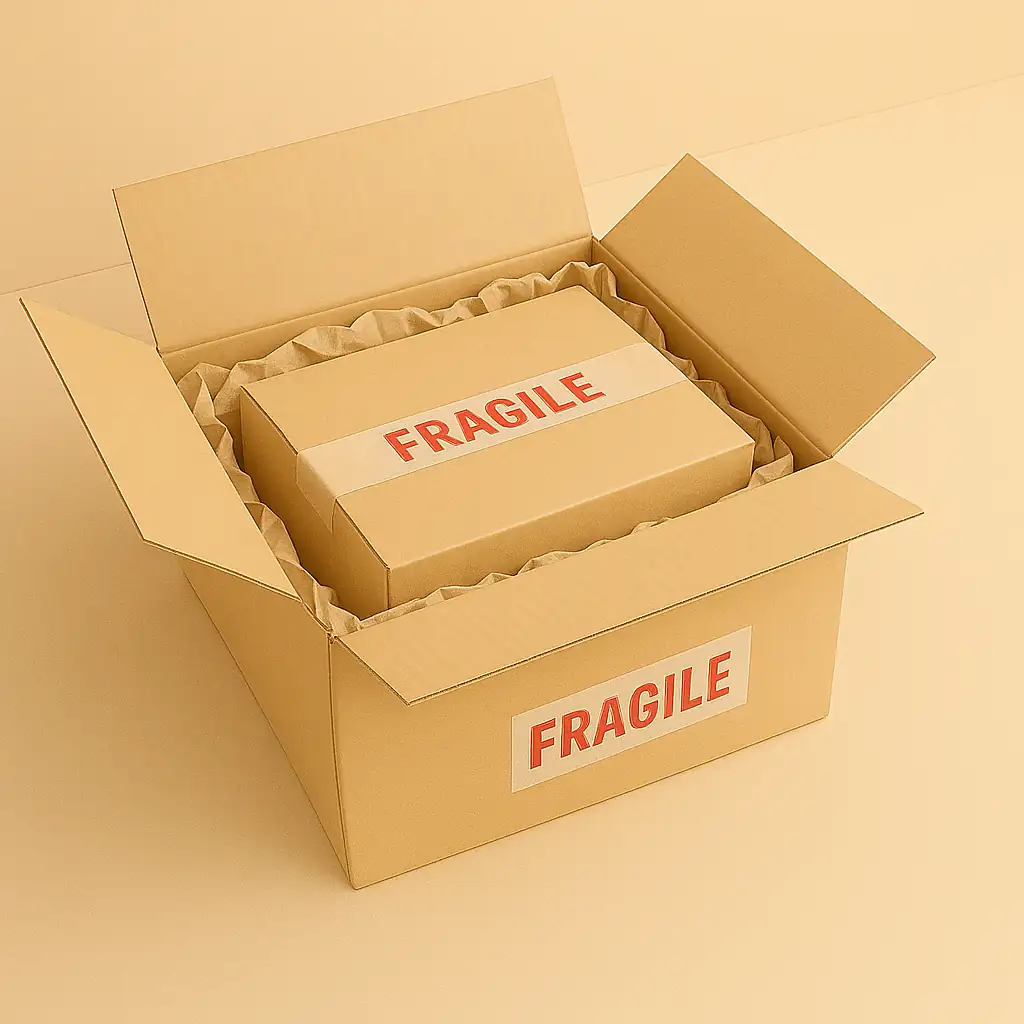 Une grande boîte en carton portant un ruban adhésif FRAGILE contient une boîte plus petite fermée, entourée de papier froissé pour absorber les chocs pendant l’expédition