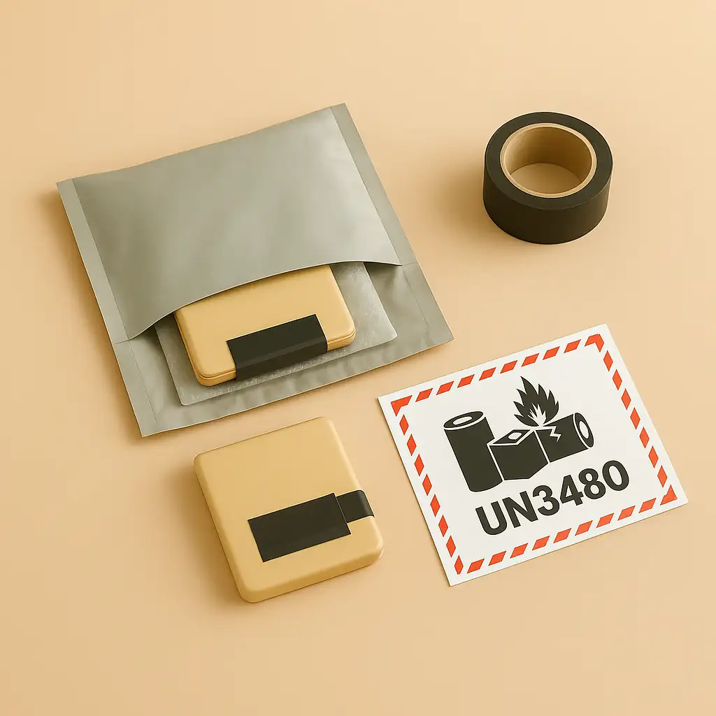 Batterie au lithium protégée par du ruban isolant et glissée dans un sachet antistatique, accompagnée d’un rouleau de ruban noir et d’une étiquette UN3480 réglementaire