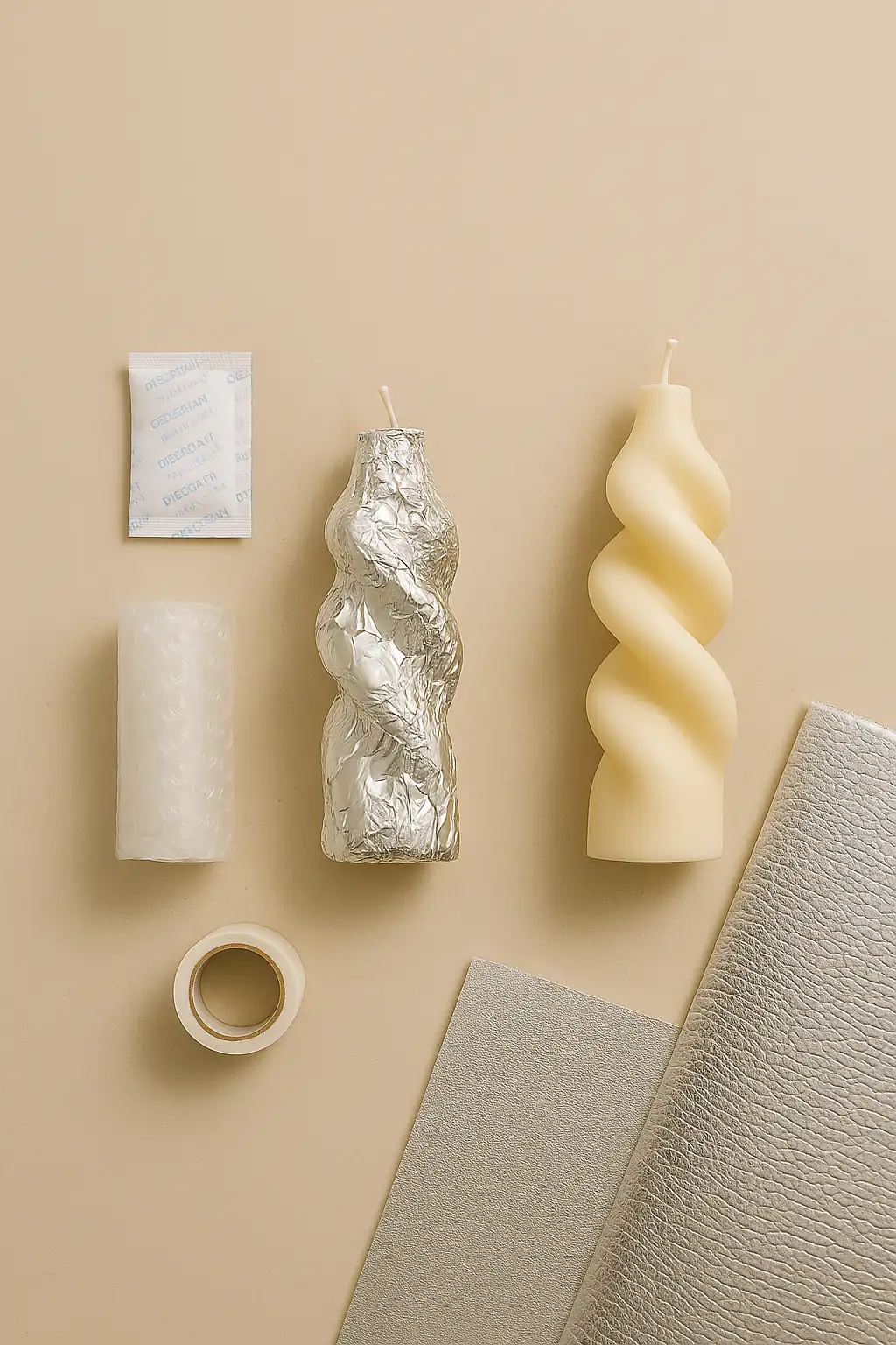 Deux bougies torsadées : l’une entièrement enveloppée dans du papier aluminium pour la protéger de la chaleur, l’autre non. À côté, des accessoires d’expédition : papier bulle, sachet absorbant, ruban adhésif et film isotherme.
