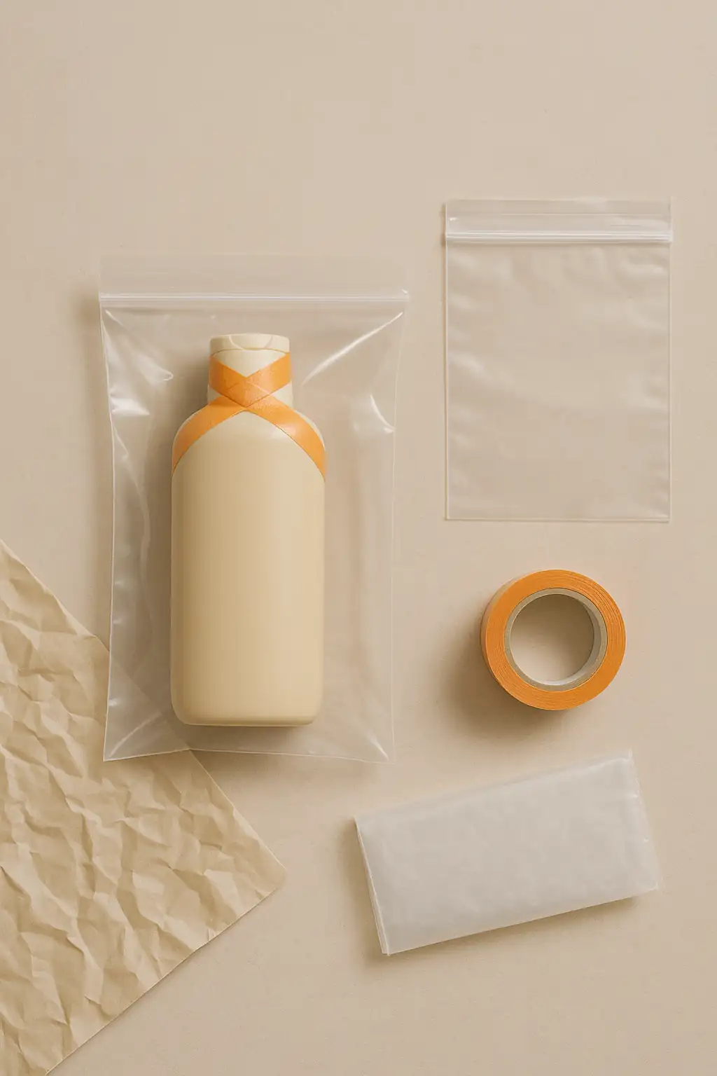 Flacon de shampoing sécurisé avec scotch croisé autour du bouchon et placé dans un sachet zip, prêt à être expédié