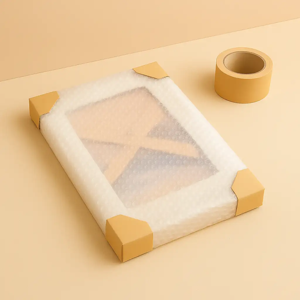 Cadre ou miroir totalement enveloppé de papier bulle et film étirable, avec des coins de protection en carton, posé sur une surface pastel