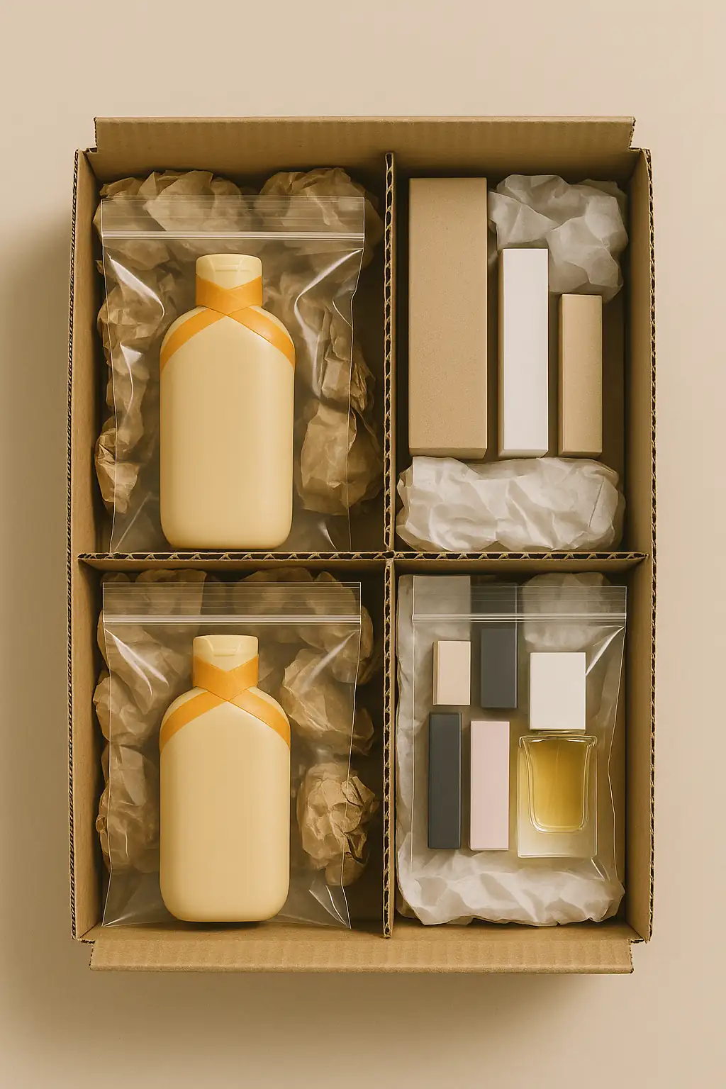 Produits cosmétiques emballés dans des sachets ziplock avec calage en papier journal, séparateurs en carton et bouchons sécurisés, prêts pour l’expédition
