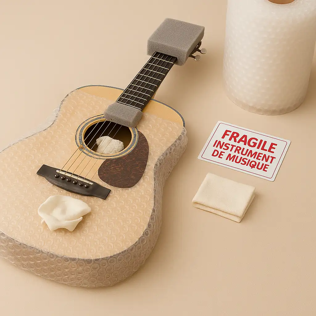 Guitare acoustique posée à plat, partiellement enveloppée de papier bulle, avec mousse épaisse sur le manche, tissu doux inséré dans l’ouverture, et cordes détendues. À côté, un rouleau de bulle et une étiquette Fragile – Instrument de Musique