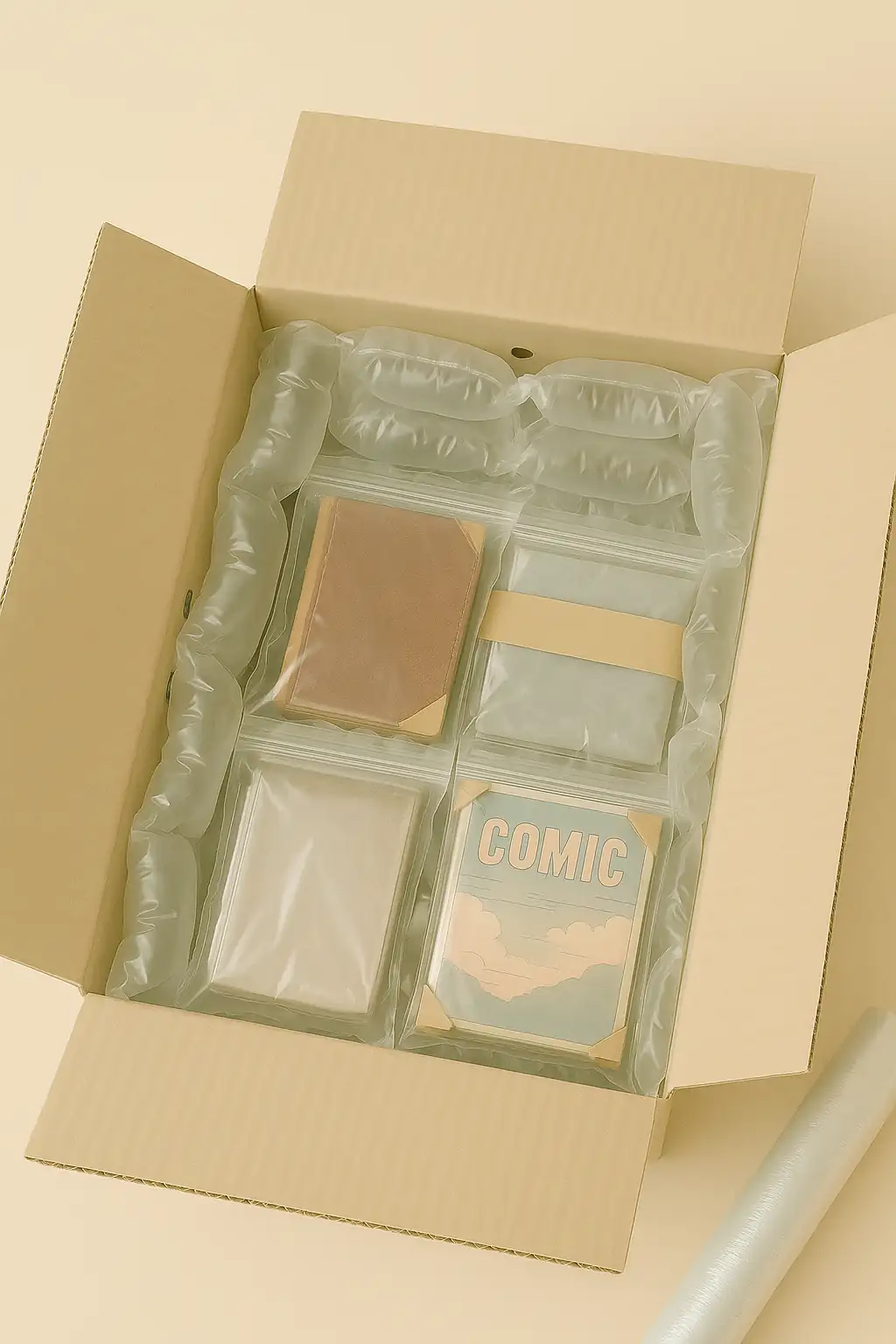 Livres et bandes dessinées emballés individuellement dans des sachets plastiques zip, calés dans une boîte en carton rigide avec des coussins d’air pour éviter les chocs. Certains ouvrages anciens ont des coins de protection en carton