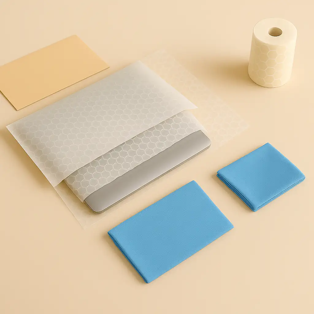 Ordinateur portable glissé dans un sachet antistatique et recouvert de papier bulle, accompagné d’un rouleau de bulle, d’un chiffon microfibre bleu et d’un carton de protection