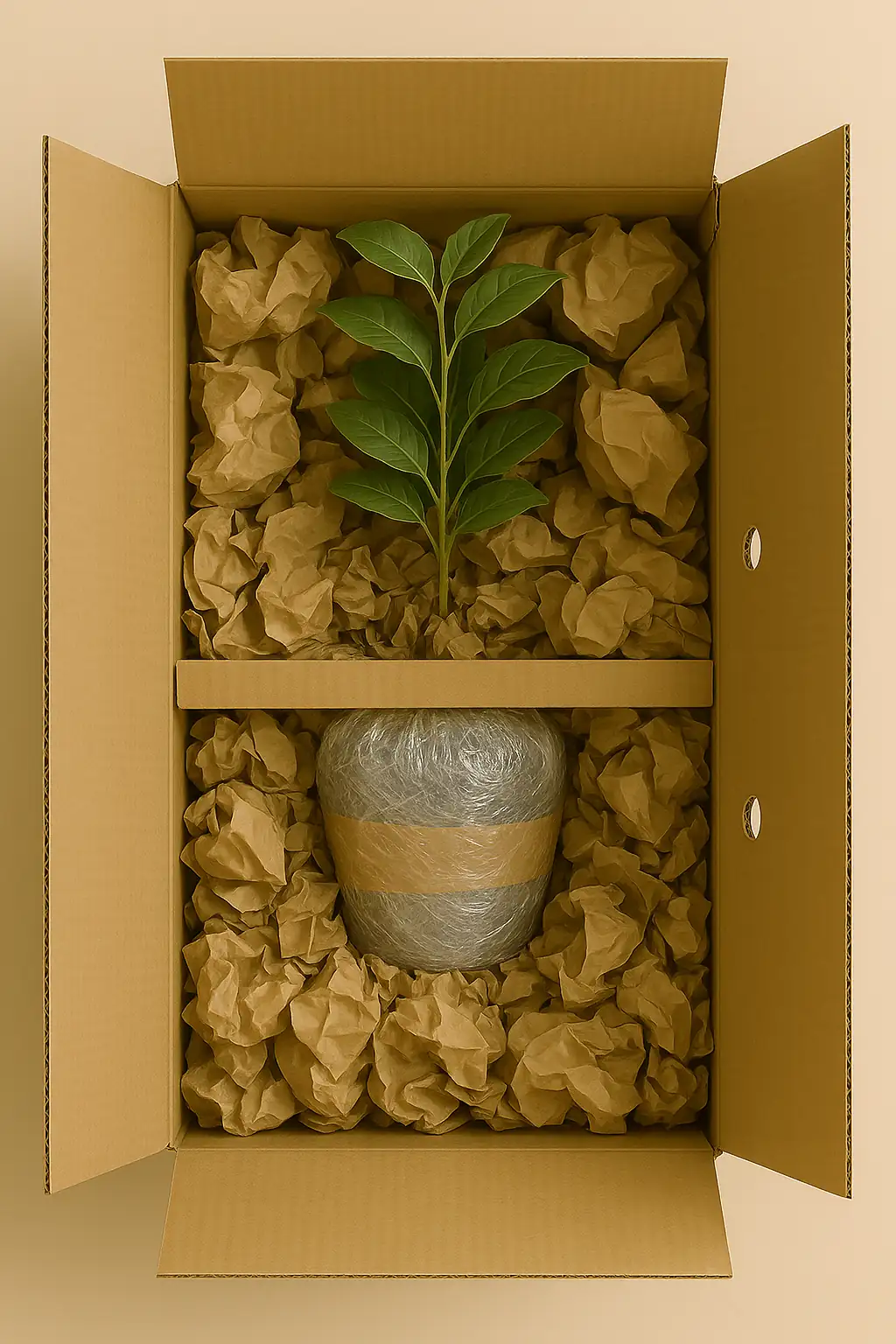 Plante en pot emballée dans du film plastique, calée au centre d’une boîte en carton rigide avec séparateur horizontal et papier kraft froissé pour protéger l’ensemble pendant le transport