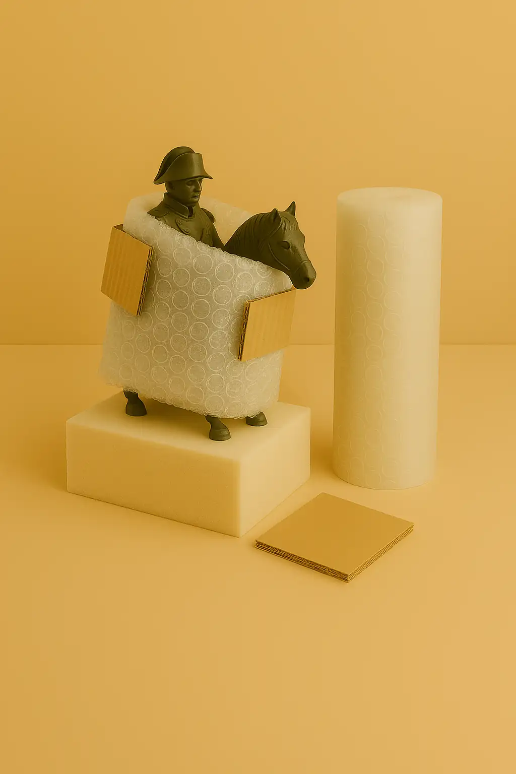 Sculpture en métal représentant un général à cheval, enveloppée de papier bulle avec tête libre, posée sur une mousse prédécoupée épaisse. Un rouleau de bulle est placé à côté pour compléter l’emballage