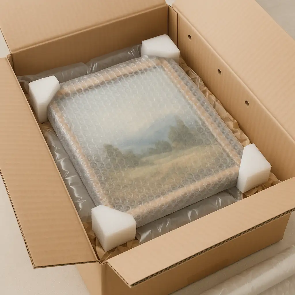Tableau peint sur toile et châssis, protégé par du papier bulle et des coins en mousse, calé dans une boîte en carton double cannelure avec coussins d’air et papier froissé