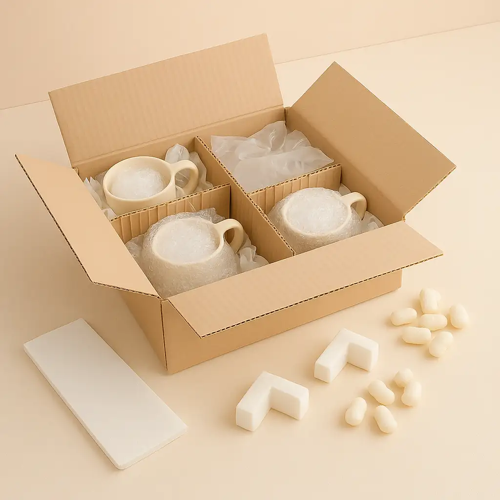 Tasses en céramique emballées individuellement dans du papier bulle et placées dans une boîte en carton avec des séparateurs ondulés, prêtes pour l’expédition