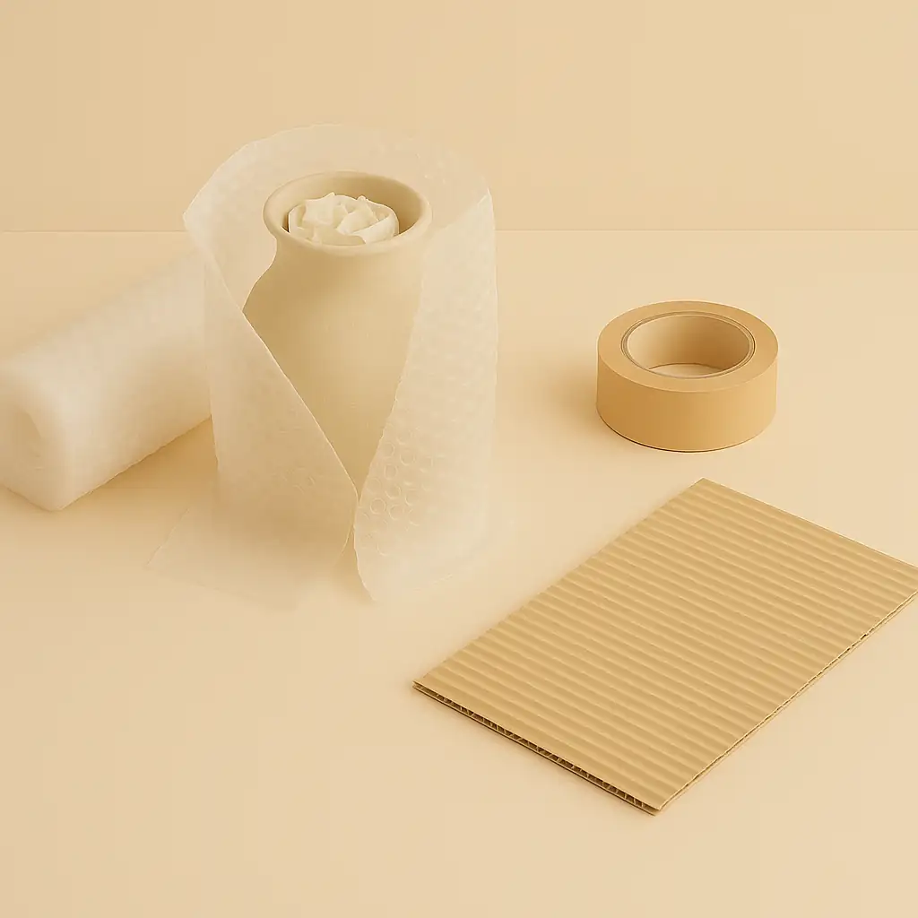 Vase en céramique emballé avec du papier bulle, du papier froissé à l’intérieur, posé à côté de carton ondulé et d’un rouleau de scotch sur un fond pastel