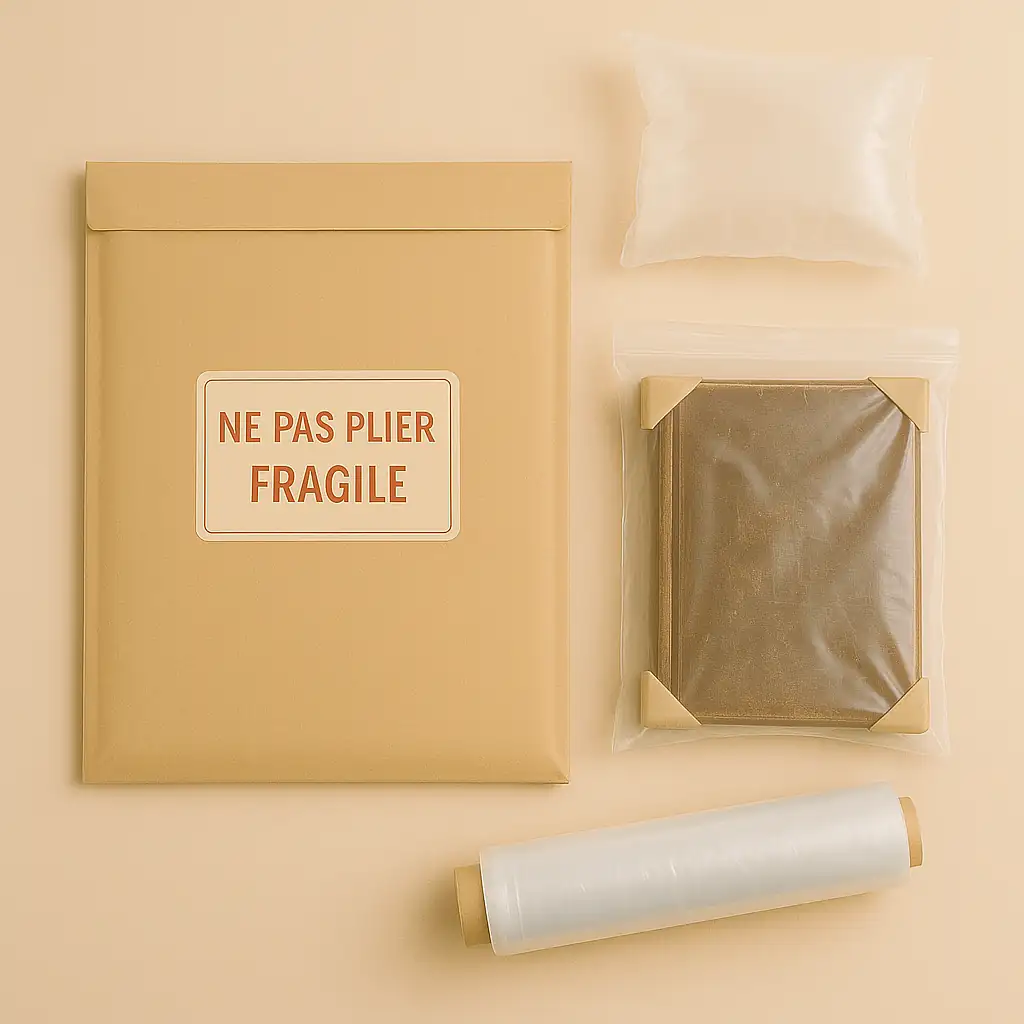 Enveloppe cartonnée rigide avec étiquette NE PAS PLIER – FRAGILE, posée à côté d’un livre ancien dans un sachet plastique zip avec coins en carton rigide, d’un coussin d’air et d’un rouleau de film plastique