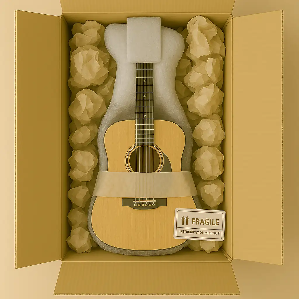 Guitare acoustique sans étui calée dans une boîte rigide avec papier bulle, mousse prédécoupée, coussins d’air et boules de papier journal pour un envoi sécurisé
