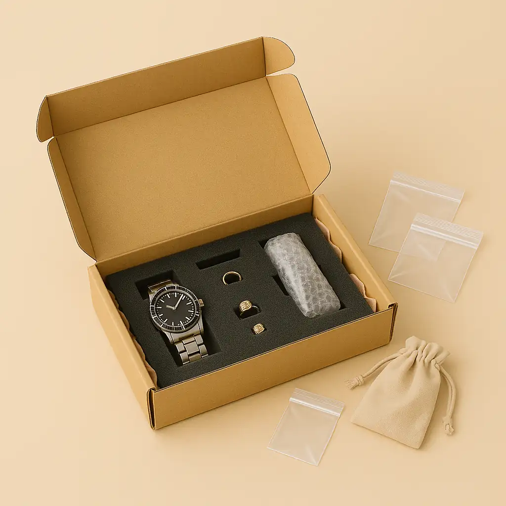 Montres et bijoux sont calés dans une boîte en carton ouverte avec de la mousse noire haute densité. Des sachets zip inviolables, une pochette en tissu et du papier froissé pastel complètent la protection.