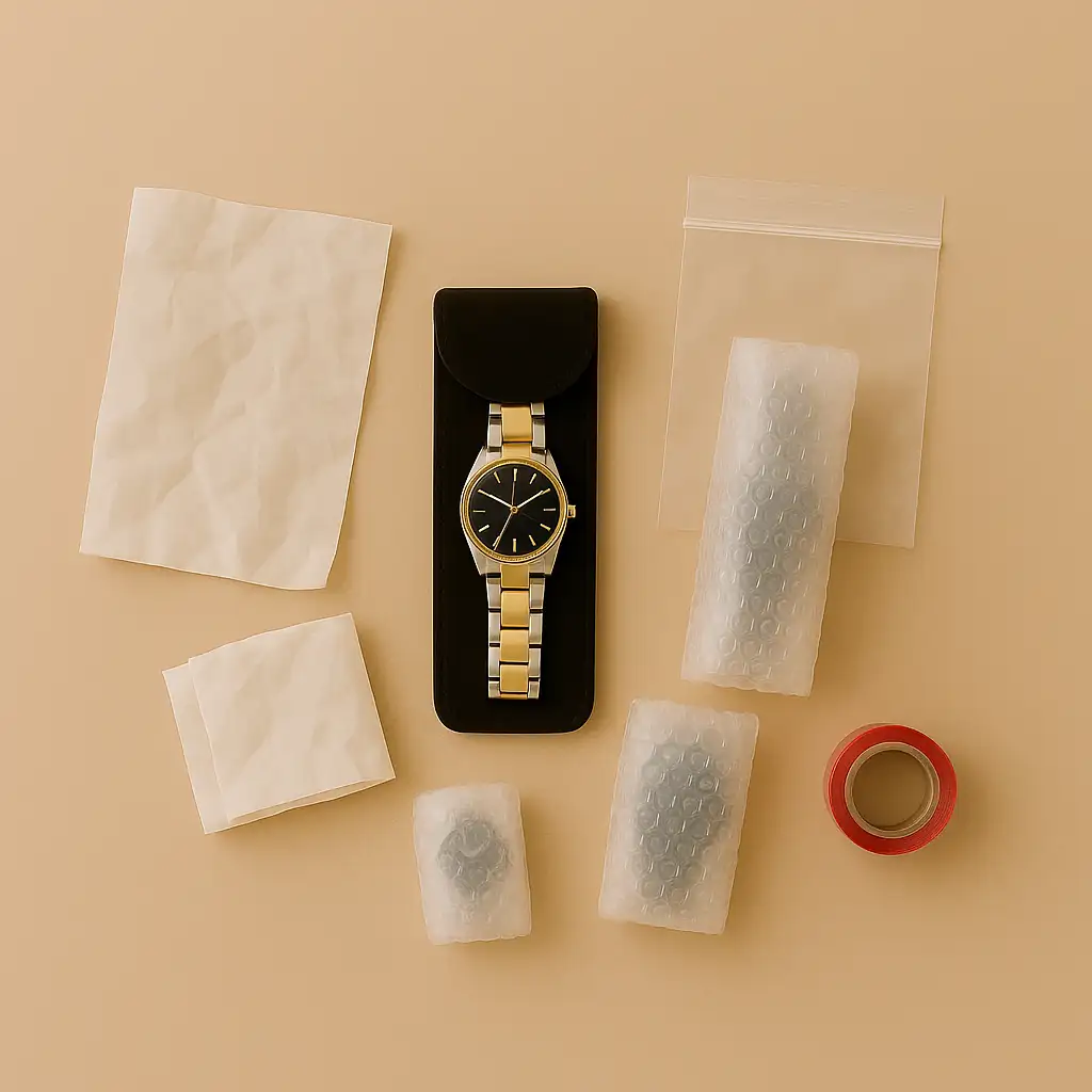 Deux montres de luxe prêtes à l’expédition : l’une dans une pochette en velours noir, l’autre entièrement protégée dans du papier bulle, laissant apparaître sa silhouette. Autour, du papier de soie, un sachet zip vide et un rouleau de ruban de sécurité.