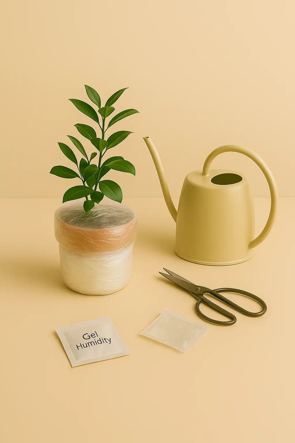 Petite plante en pot posée sur une table pastel, la base entièrement enveloppée dans du film plastique transparent pour éviter les pertes de terre, avec un arrosoir beige, une paire de ciseaux et un sachet de gel humidité à côté