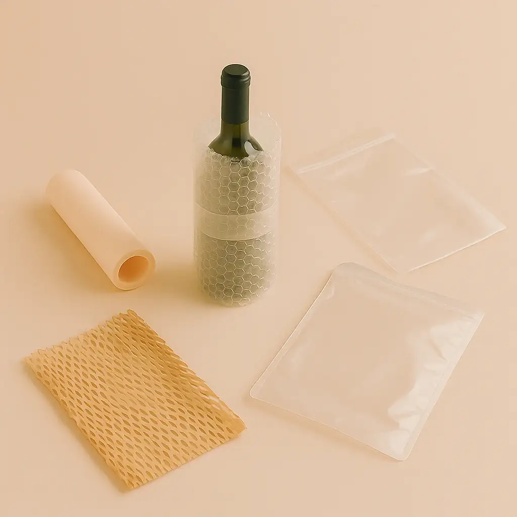 Bouteille emballée dans du papier bulle avec manchon en mousse, papier nid d’abeille et sachet plastique hermétique posés à côté sur un fond pastel