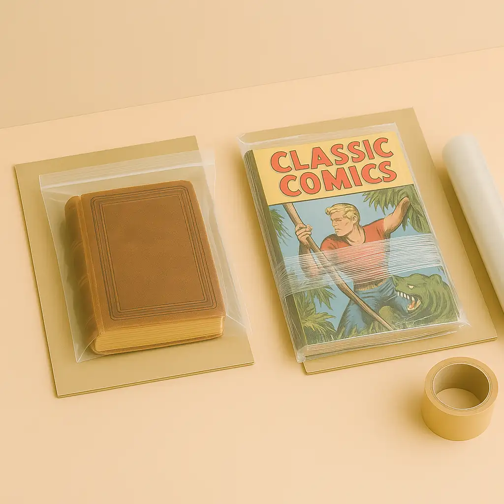 Un livre ancien relié en cuir est glissé dans un sachet plastique zippé, tandis qu’une bande dessinée vintage est soigneusement enveloppée dans du film plastique étirable, le tout posé sur du carton rigide, avec un rouleau de film visible dans le coin