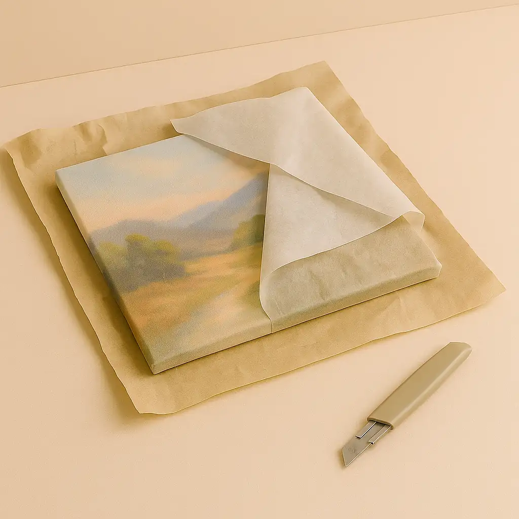 Tableau peint sur toile avec un paysage flou, posé sur du papier kraft, partiellement recouvert d’un papier glassine, avec un cutter beige à côté pour finaliser l’emballage