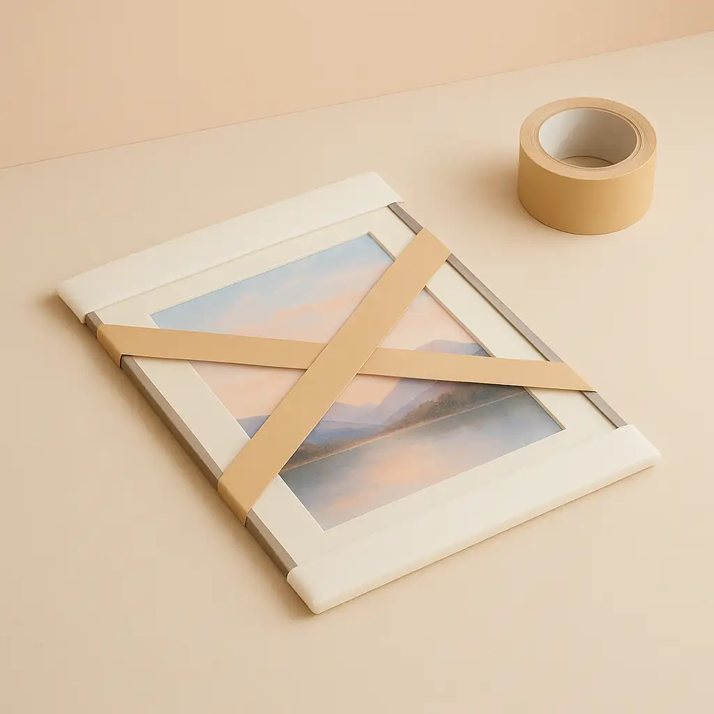 Miroir posé à plat, protégé avec du scotch croisé et des coins de mousse blanche, prêt à être emballé pour l’expédition