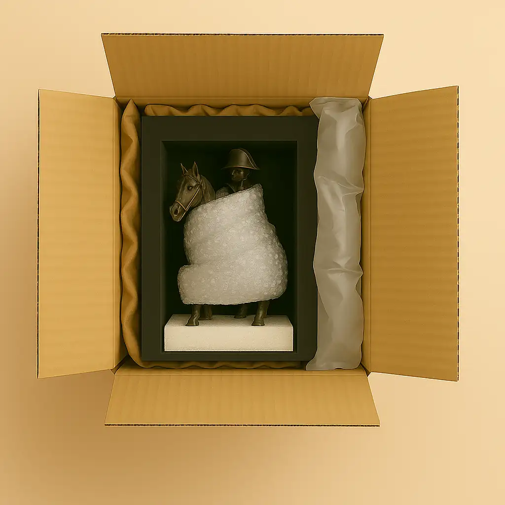 Sculpture en métal d’un général à cheval calée dans une boîte rigide avec mousse prédécoupée épaisse couvrant les jambes, entourée de papier froissé et coussins d’air pour éviter tout mouvement