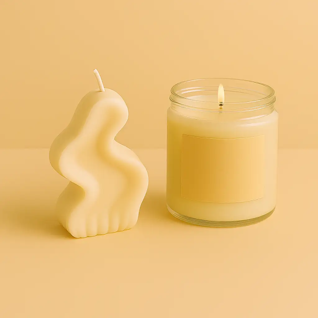 Deux bougies artisanales non emballées, dont une au design artistique sculpté. Présentation avant préparation pour l’envoi