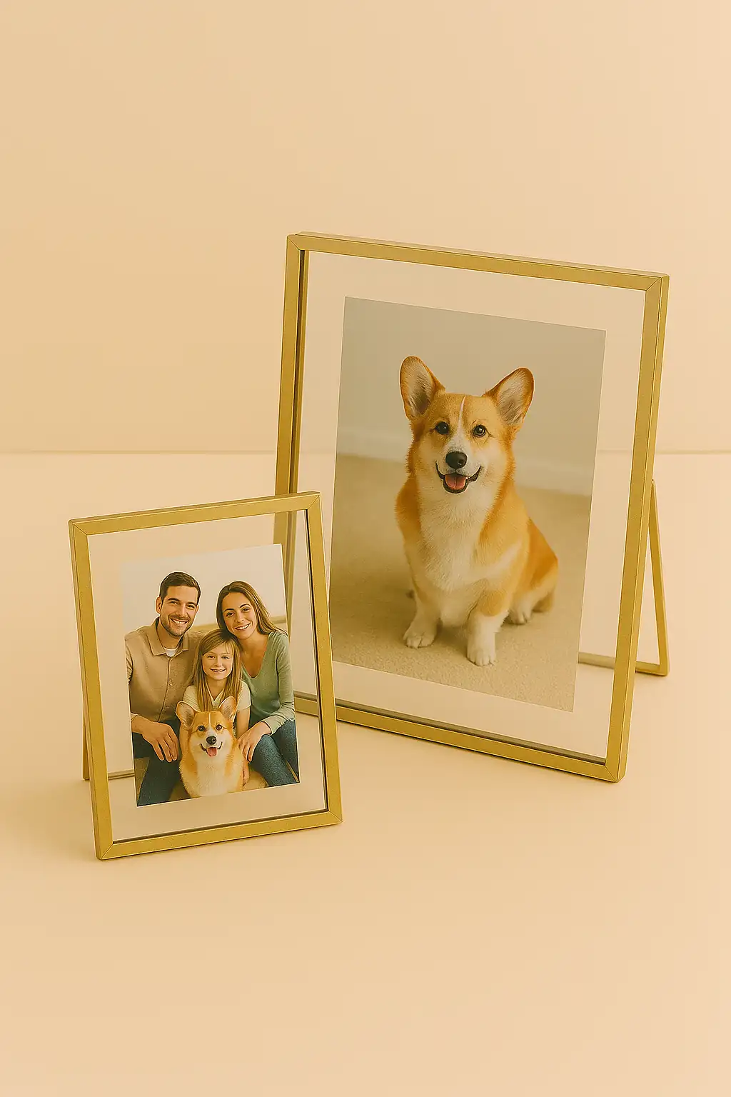 Deux cadres photo en verre non emballés : l’un avec un portrait d’un chien Corgi, l’autre avec une photo de famille posant avec leur chien. Objets présentés avant emballage