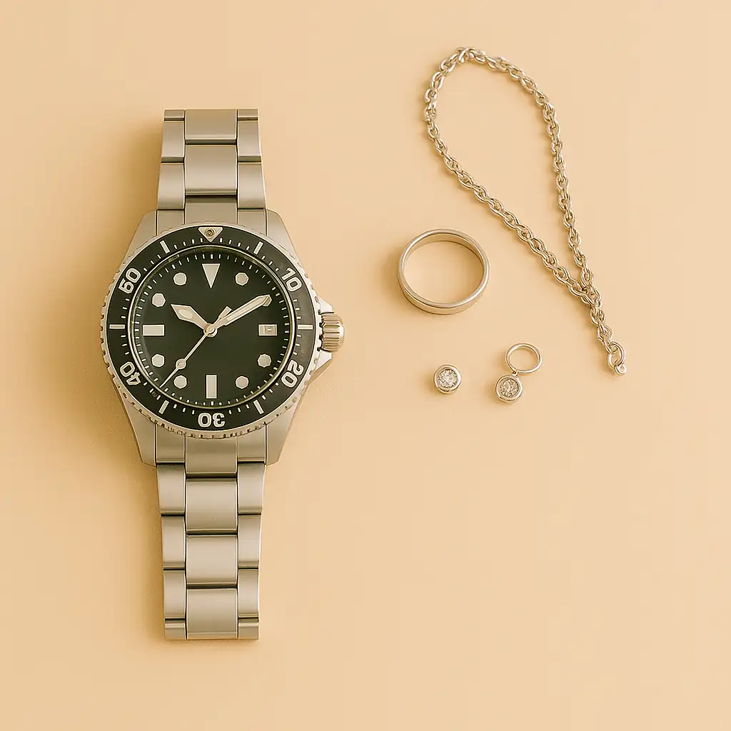 Montre de plongée en acier accompagnée de bijoux argentés, non emballés, dans leur état d’origine avant expédition