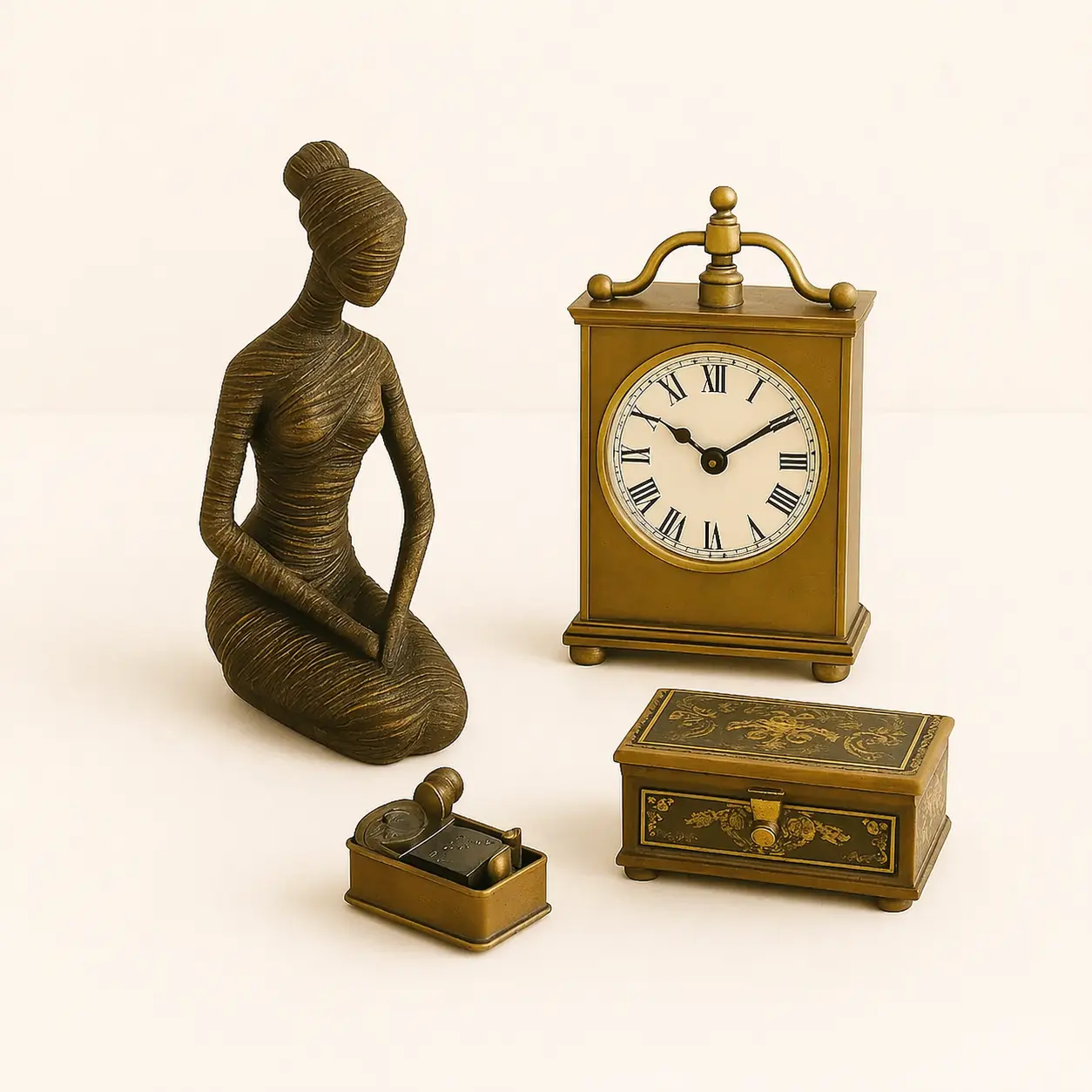 Œuvres d’art et objets d’art non emballés avant expédition : sculpture décorative, horloge ancienne et boîte ornée à préparer pour un emballage sécurisé.