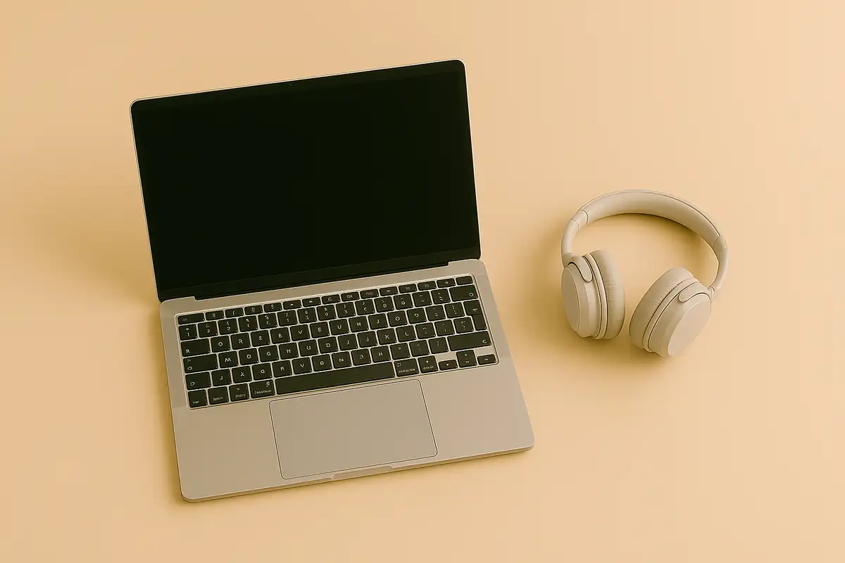 Ordinateur portable fin et casque audio posés côte à côte, non emballés, prêts pour l’emballage en vue d’une expédition sécurisée
